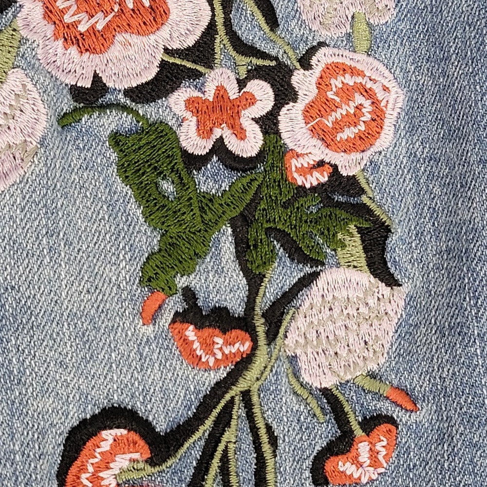 For the Republic Floral Embroidered Denim Mini Skirt Size 8 Boho Y2K Raw Hem - Picture 4 of 11